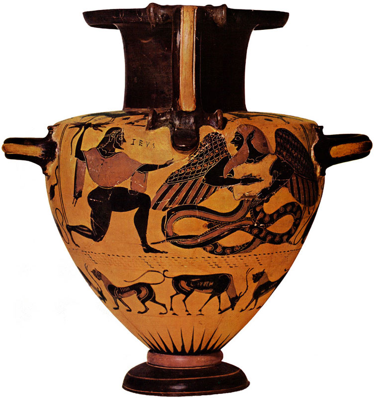 Hidria ateniense - Lucha entre Zeus y Tifón (Museo Metropolitan, 550 a. C.)