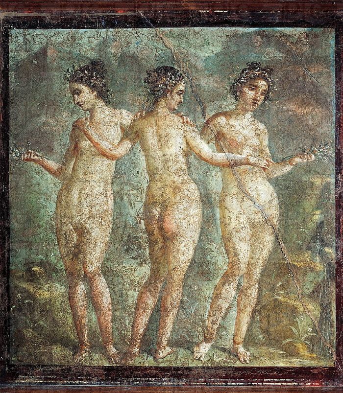Nápoles - Museo Arqueológico Nacional - Fresco pompeyano Las Tres Gracias (Siglo I a. C.)