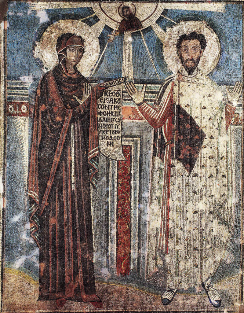 Salónica - Iglesia San Demetrio - Mosaicos bizantinos - San Teodoro y la Virgen María (617-619)